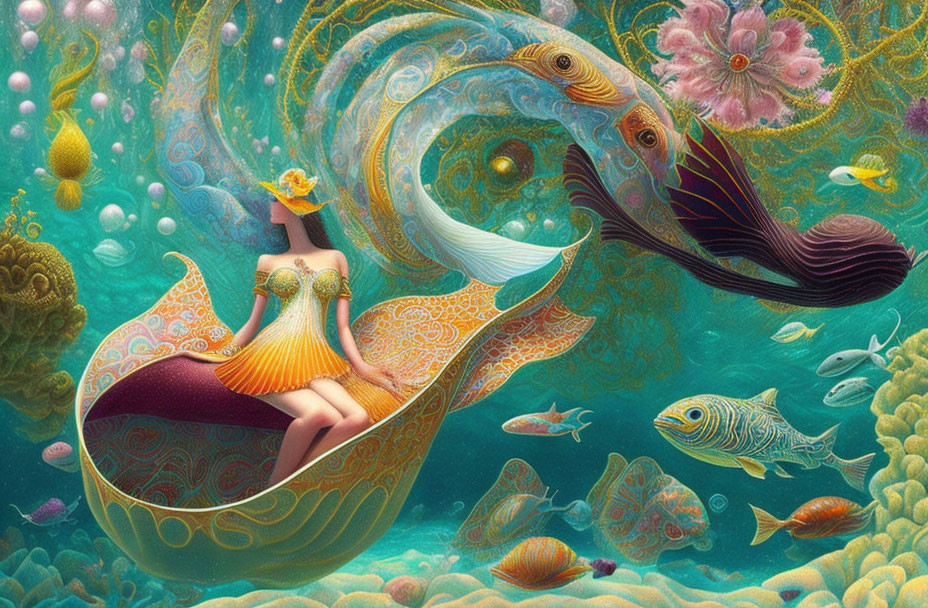 Vibrant orange dress woman in shell boat surrounded by whimsical fish