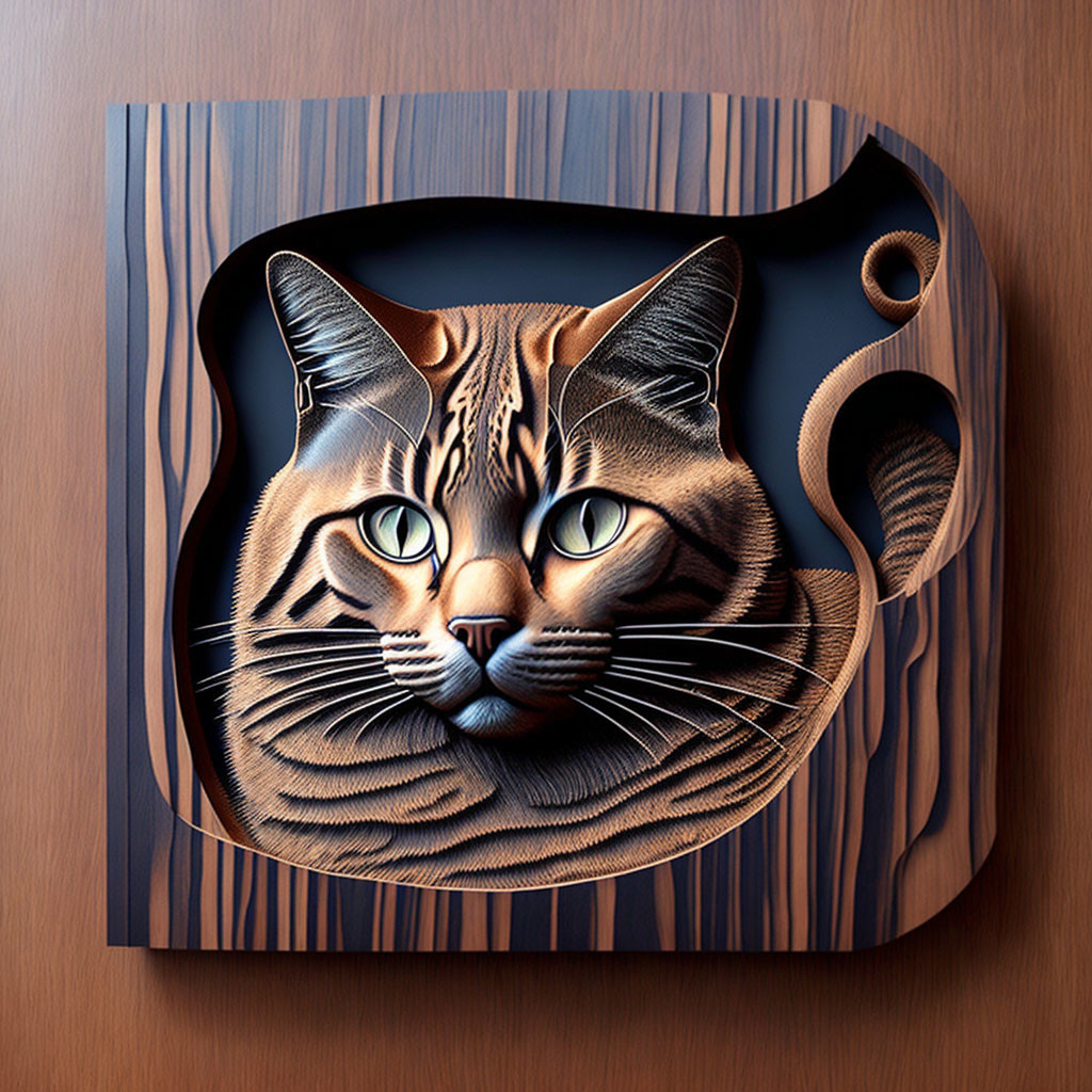 Detailed 3D wooden cat face carving on square plate