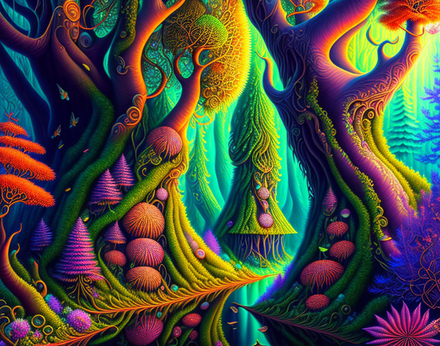 Colorful Psychedelic Forest Scene with Abstract Trees and Fantastical Flora