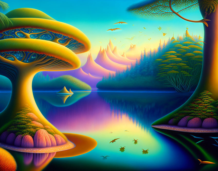 Vibrant mushroom-like trees in surreal landscape with luminous peaks and reflective lake.