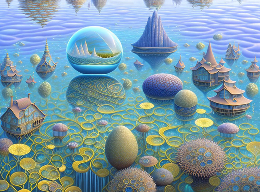 Fantastical landscape with egg-like structures and crystal-clear sphere above tranquil waters