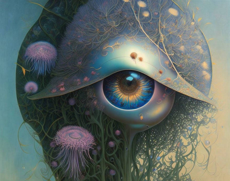 Surreal eye surrounded by marine life and vegetation with jellyfish - dreamlike atmosphere