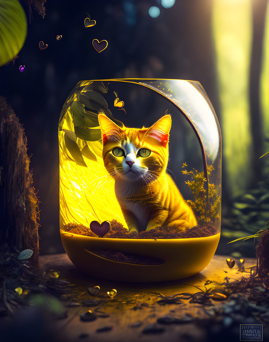 Orange Cat in Futuristic Pod Surrounded by Hearts and Mystical Forest