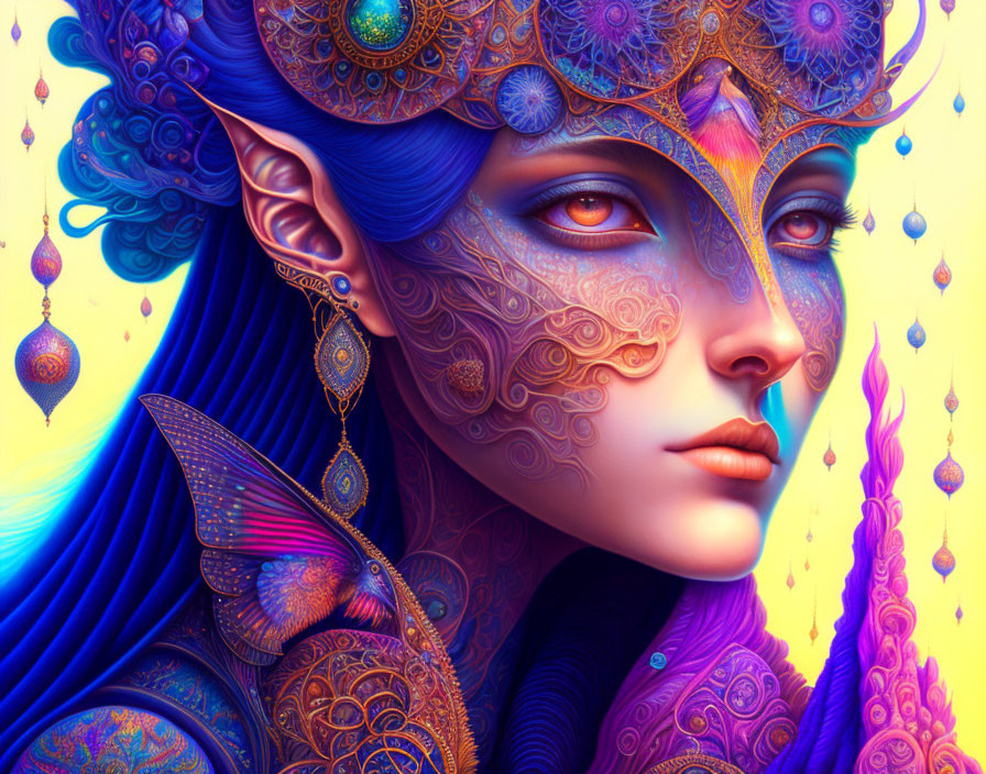 Fantastical female portrait with blue skin and golden headpiece