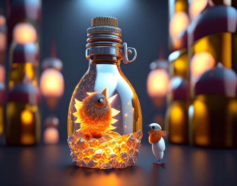 Fiery bird in bottle observed by curious bird among others