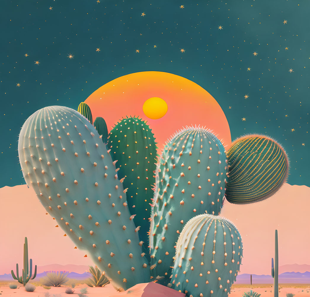 Surreal desert scene with large cacti and setting/rising sun