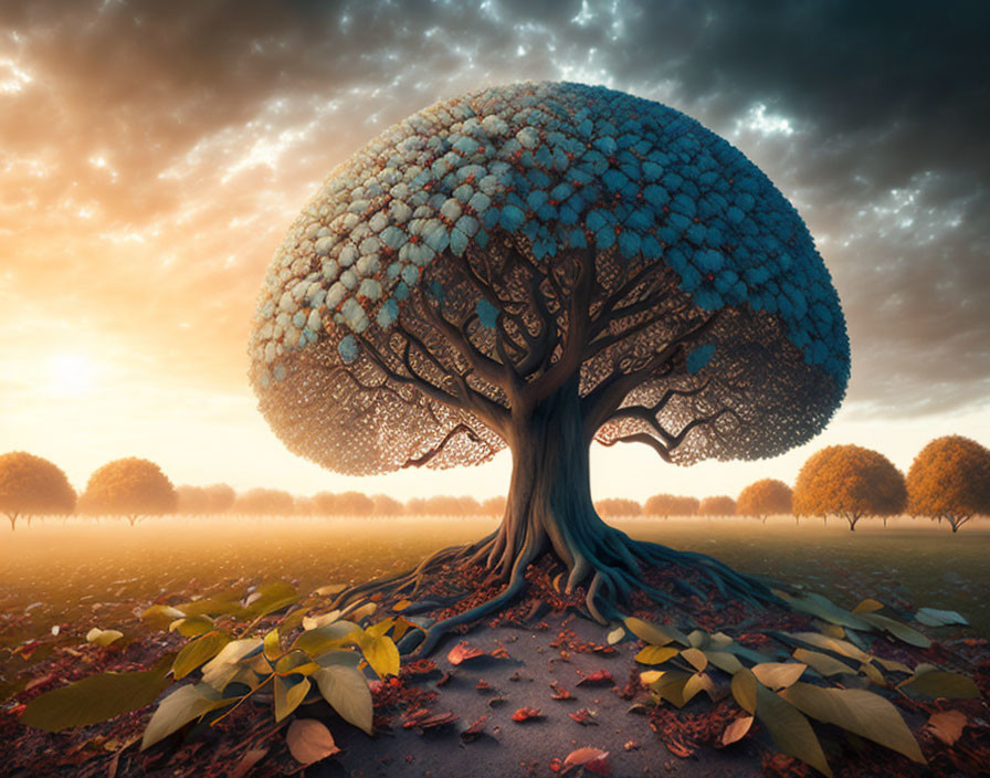 Magical tree illustration with blue foliage and sunrise landscape