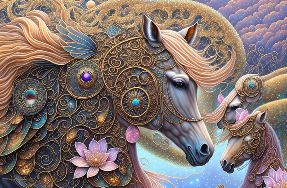 Detailed mystical horse with gold accents and cosmic backdrop