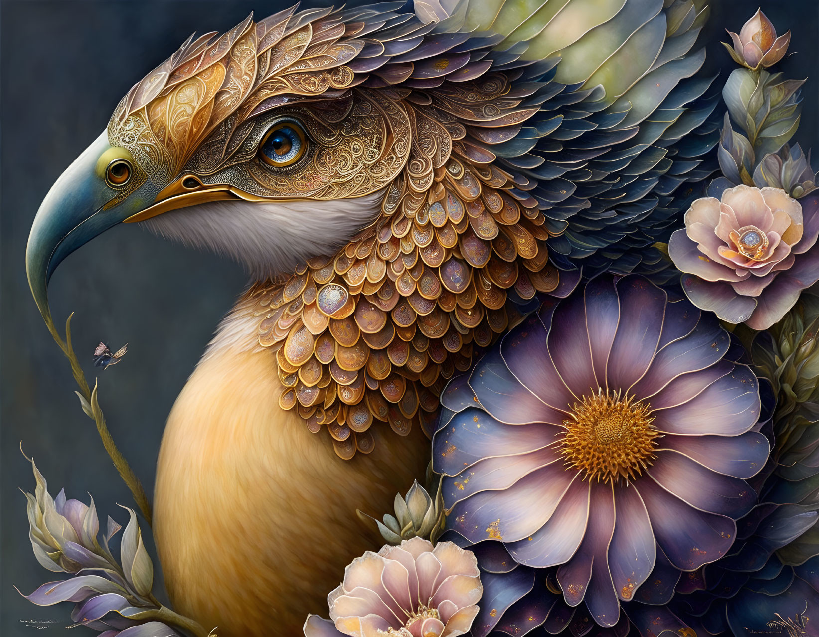 Detailed painting of fantastical bird with ornate feathers and blooming flowers