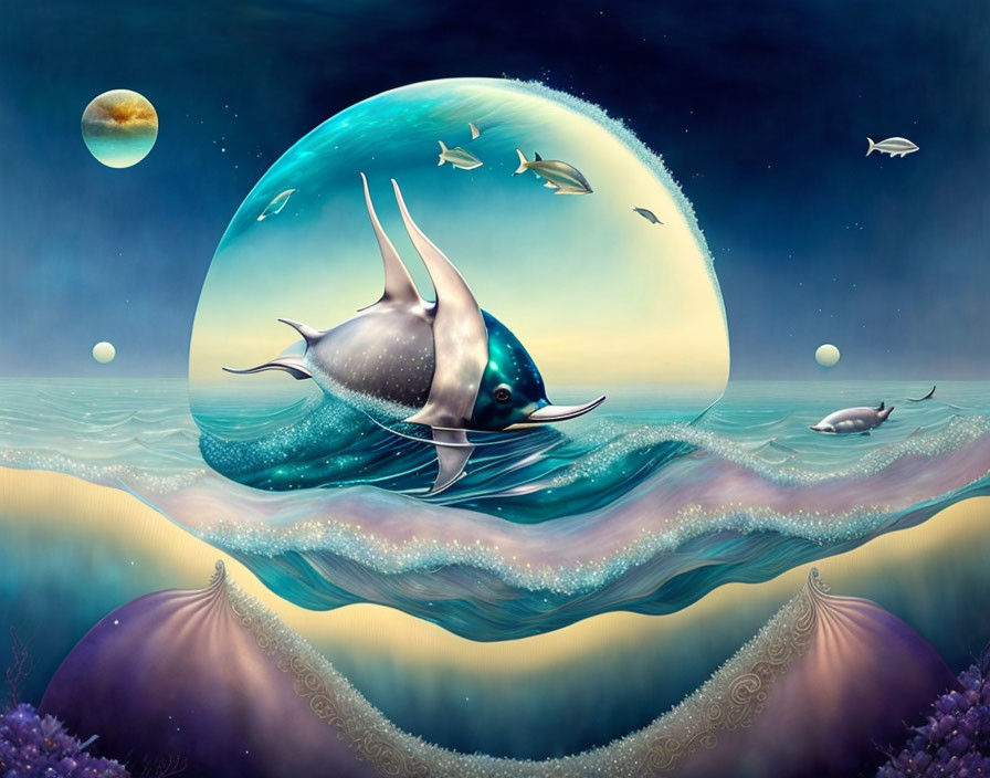 Marlin jumping in surreal marine scenery with planets and floating fishes