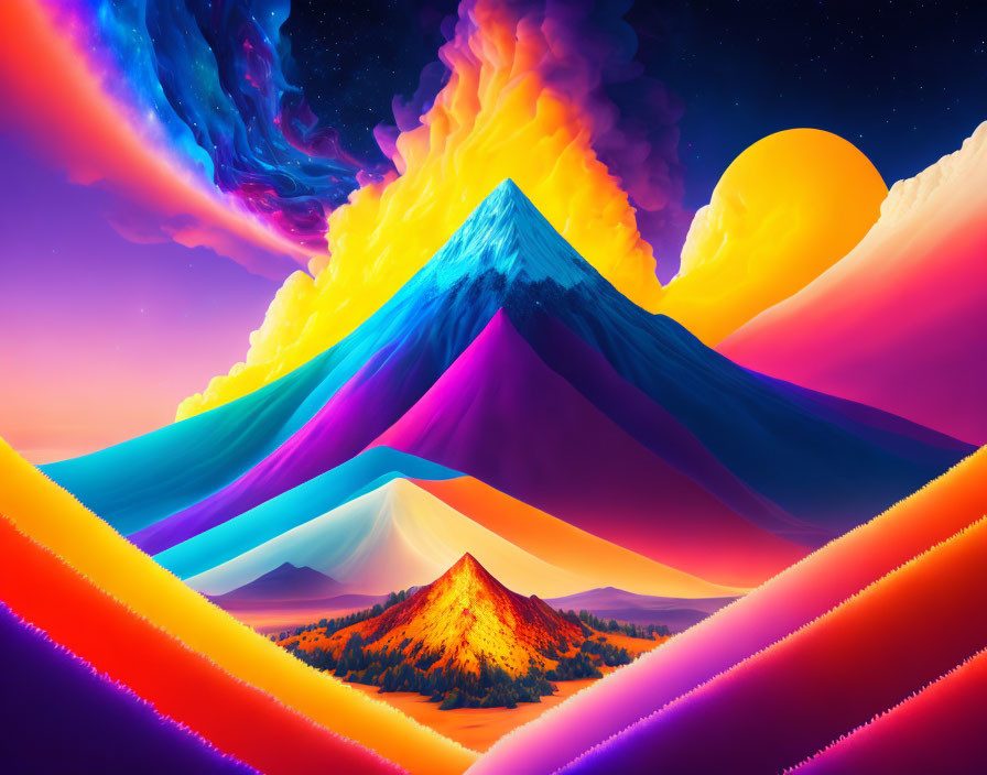 Psychedelic digital artwork: Mountains, fiery sky, sun, and nebulae