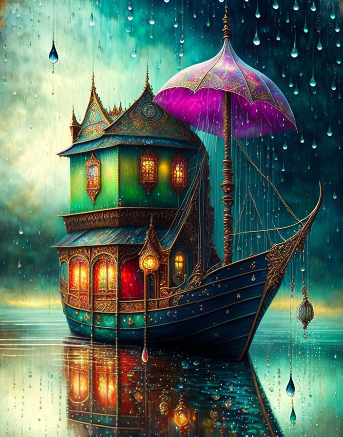 Fantastical glowing ship under purple umbrella in rain shower