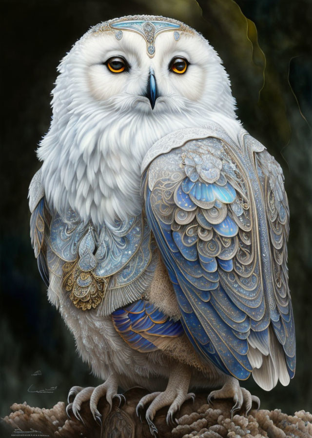 White Owl with Blue and Gold Ornamental Feathers Perched on Branch