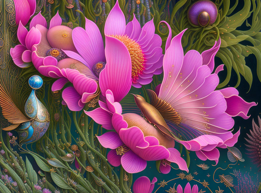 Pink Flowers Digital Art: Elaborate Patterns & Fantastical Elements