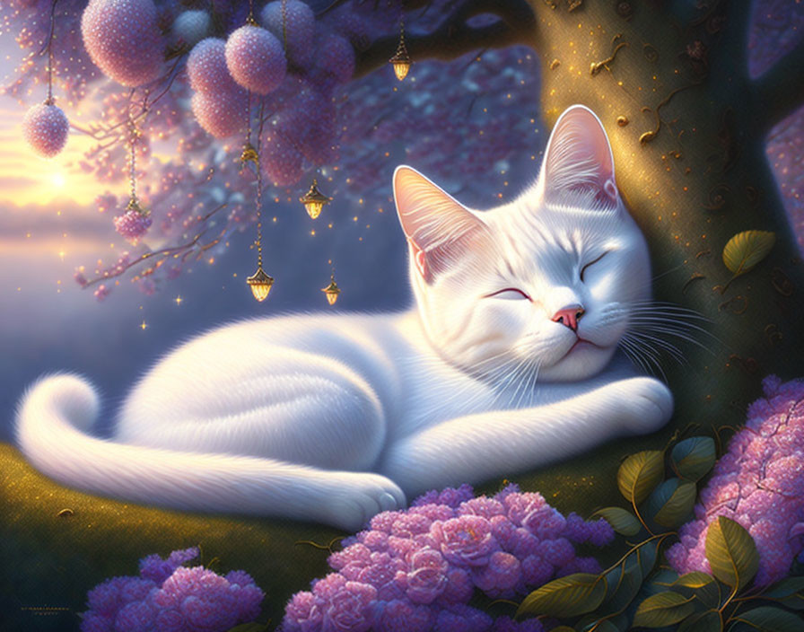 White cat sleeping near pink flowers and lanterns under twilight sky