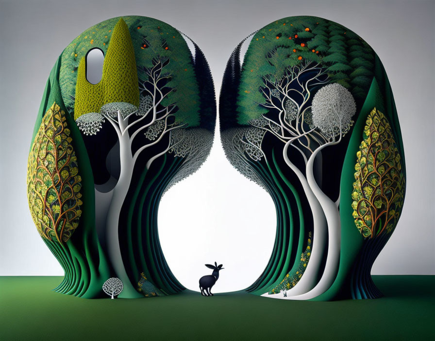 Surreal illustration of tree-like figures and deer silhouette on gray background