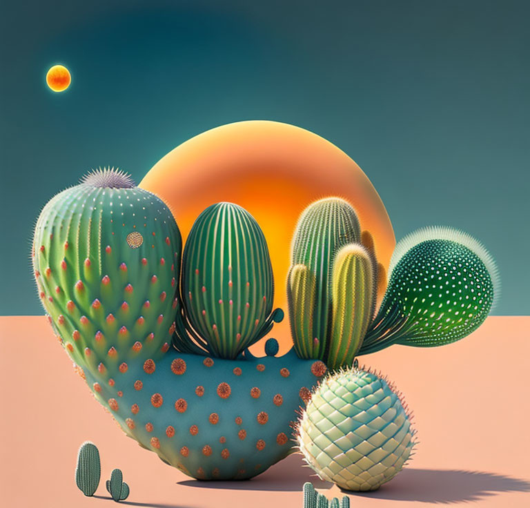 Illustration of cacti under setting sun and moon in pastel sky