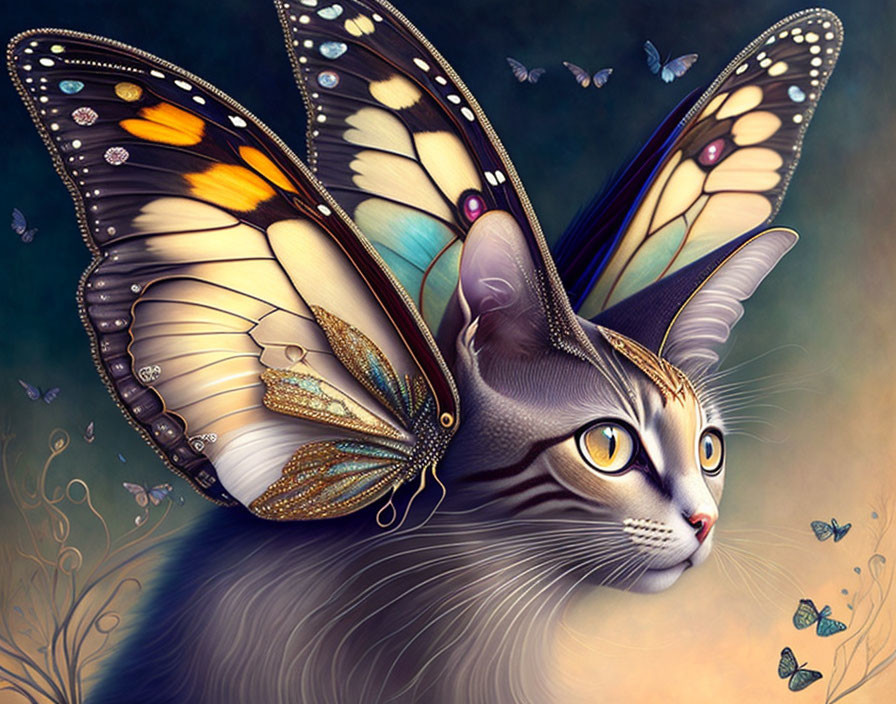 Digital artwork: Cat with butterfly wings ears in whimsical background