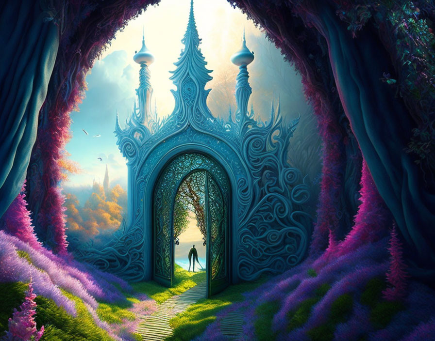 Blue ornate gate reveals magical landscape with towers and lush flora.