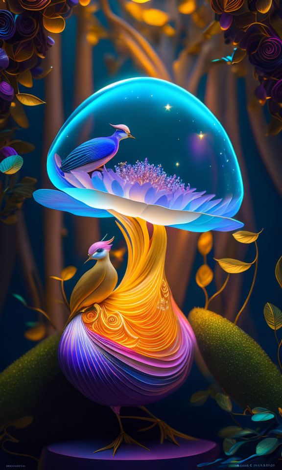 Vibrant digital illustration: Two stylized birds on luminous tree under night sky