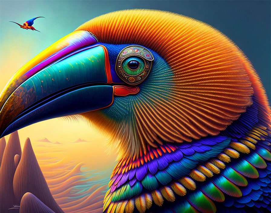 Colorful toucan art with mechanical eye and hummingbird against mountain backdrop