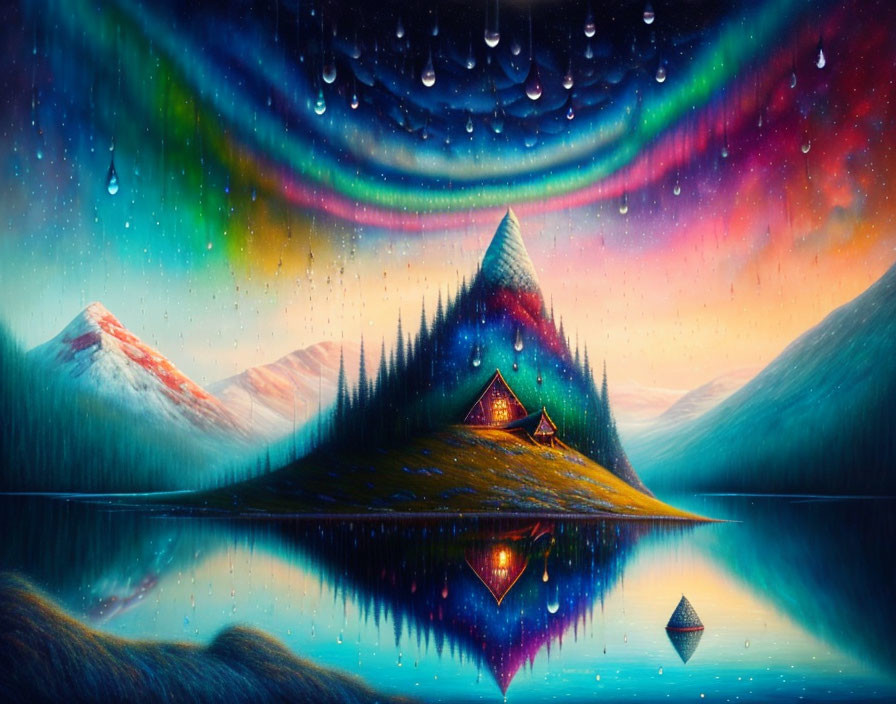 Surreal landscape with aurora-lit sky, reflective lake, glowing tent, mountain, forest