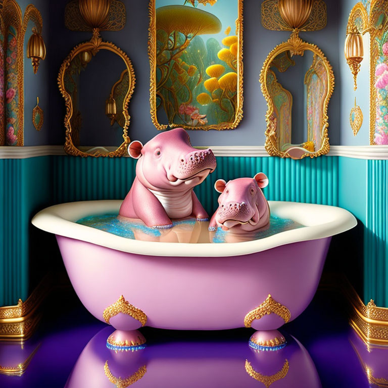 Cartoon hippos in fancy bathtub with whimsical decor