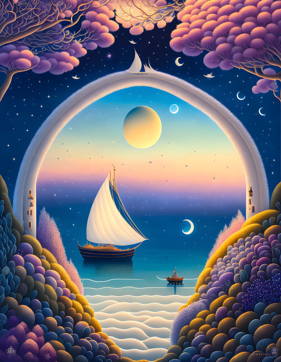 Sailboat under full moon on calm sea with colorful hills and lighthouses