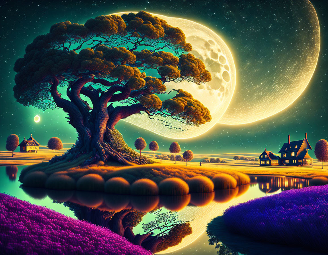 Fantasy landscape with giant tree, moon, lake, houses, and starlit sky