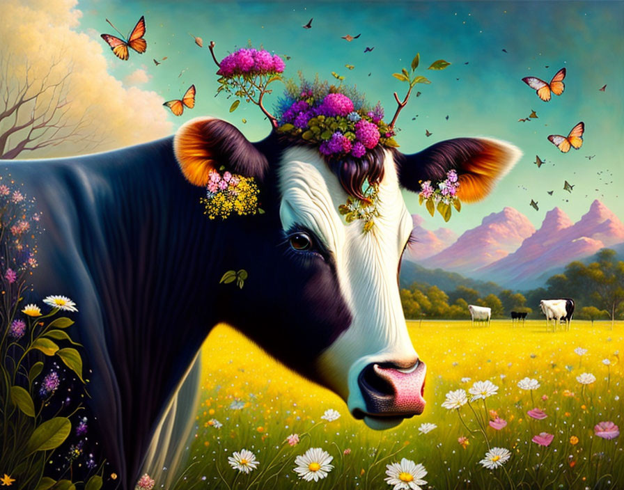 Cow with floral crown and butterflies in mountain scenery