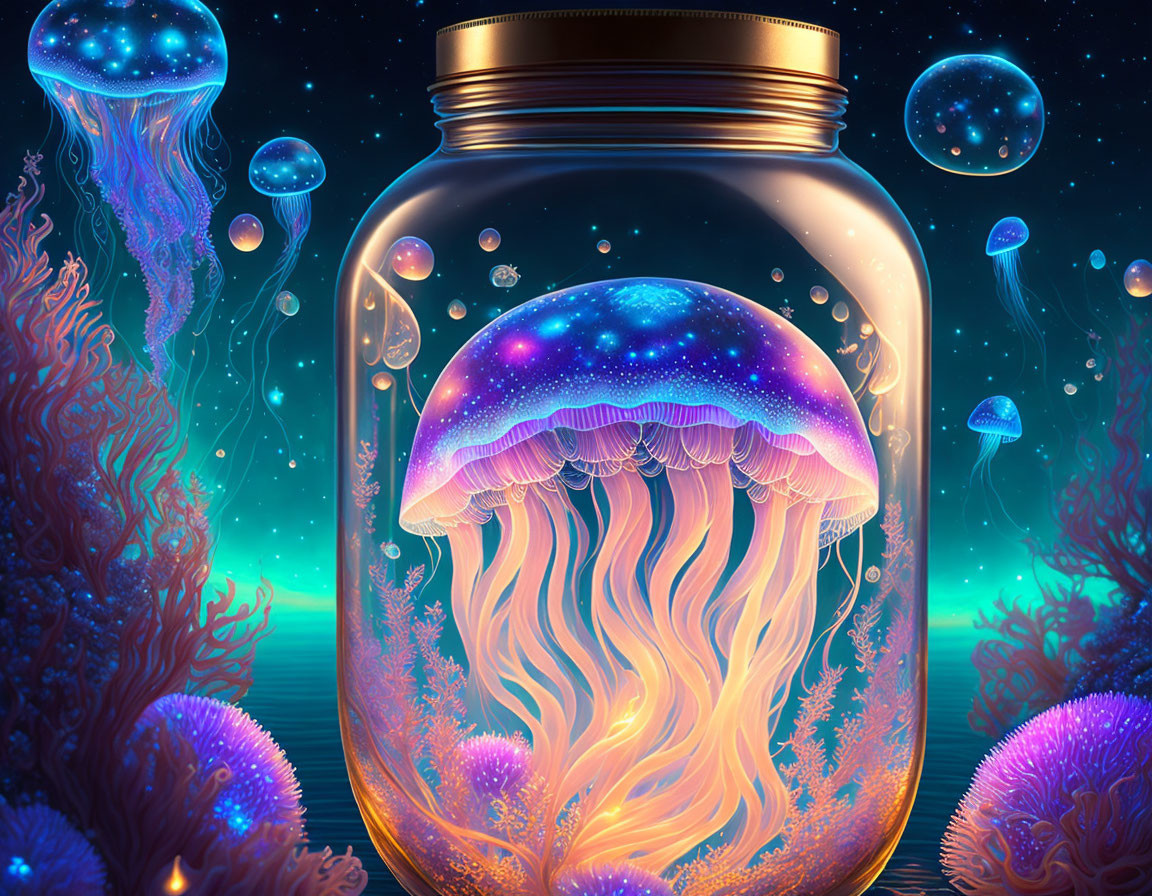 Glowing jellyfish in jar surrounded by underwater scene