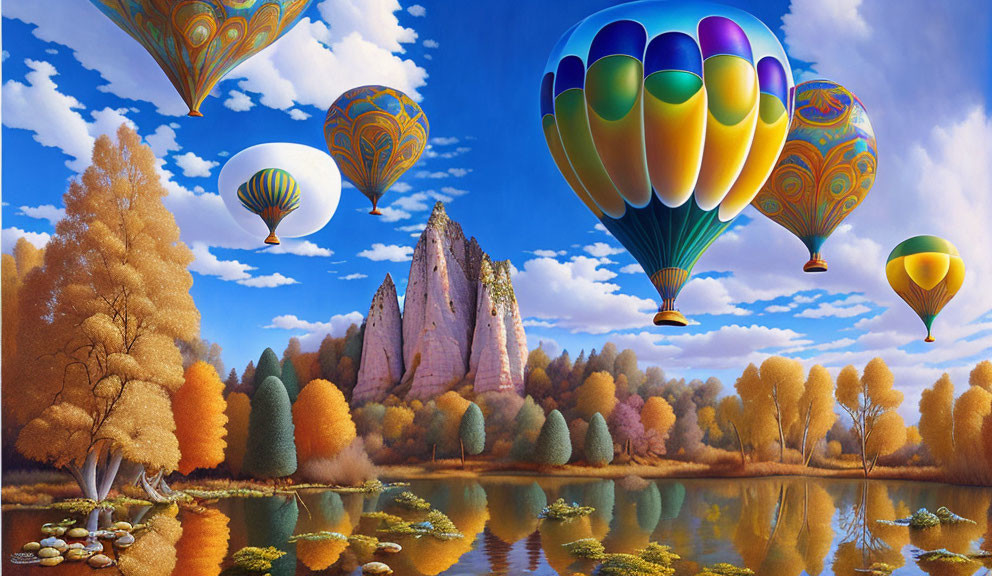 Colorful hot air balloons over autumn landscape with lake, rocks, and trees