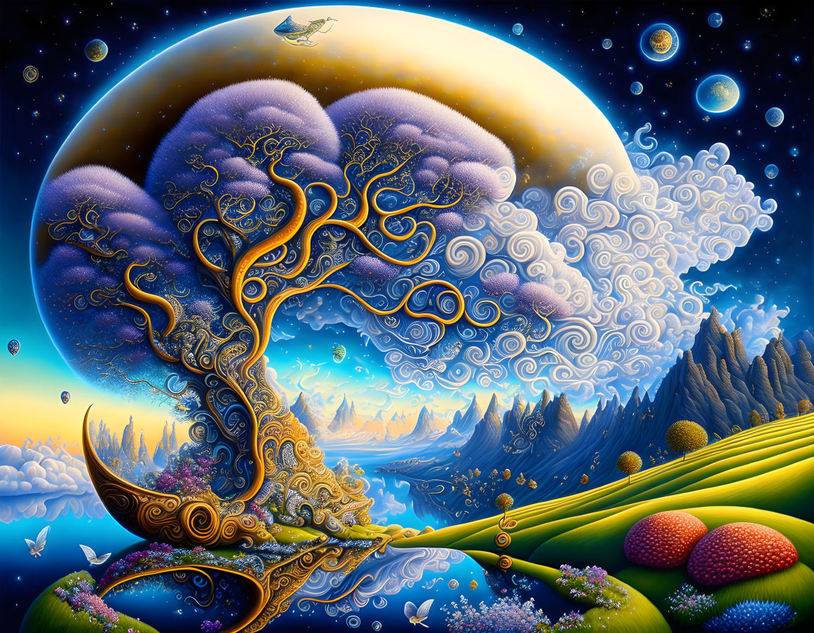 Surrealist artwork: Golden tree, purple foliage, moon, swirling clouds, starry sky.