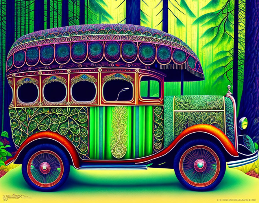 Colorful Psychedelic Vintage Bus Illustration with Forest-Inspired Patterns