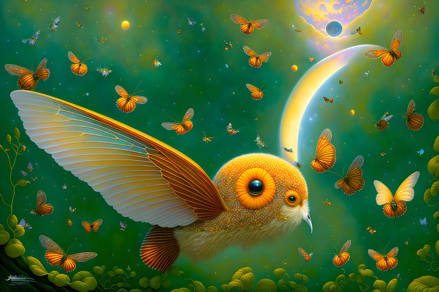 Fantastical owl with butterfly wings surrounded by butterflies in celestial setting