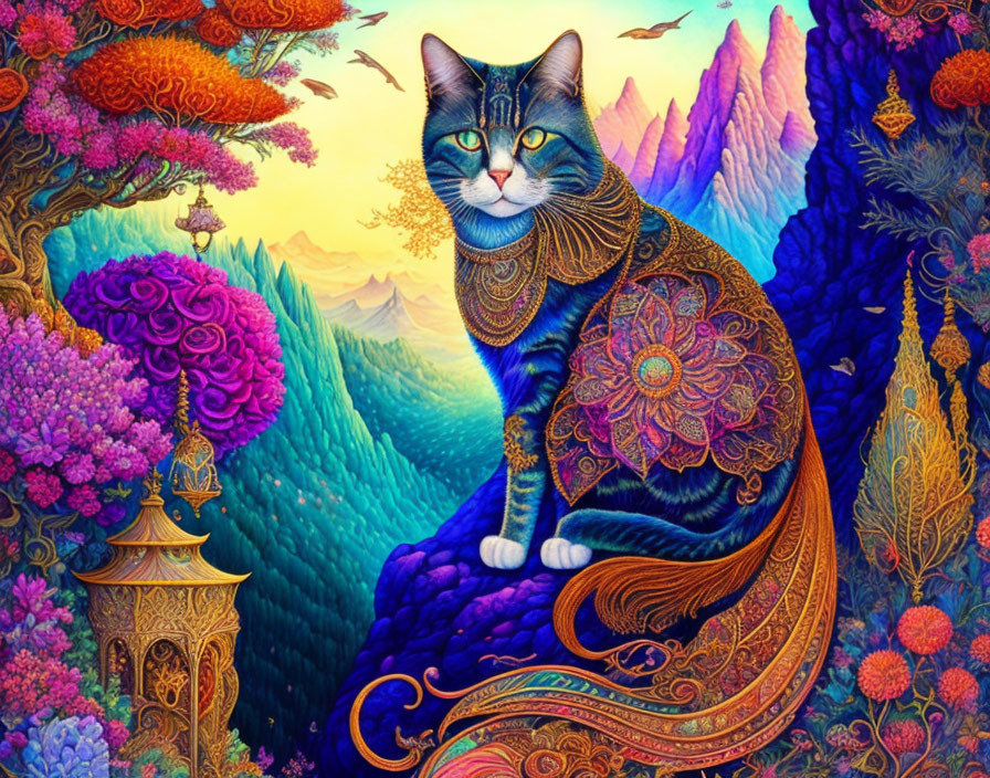 Colorful illustration of majestic cat in fantasy landscape