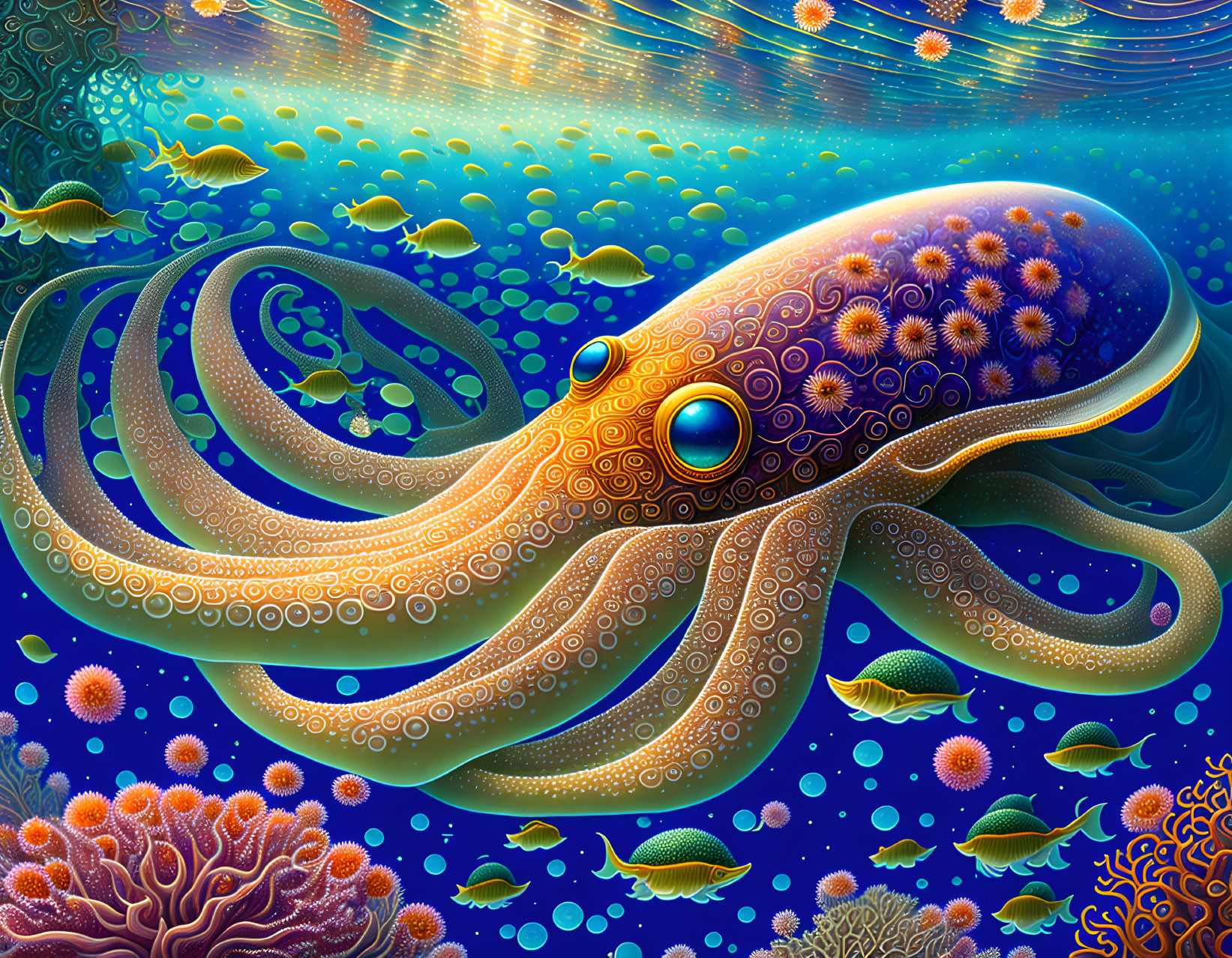 Colorful Digital Artwork: Stylized Octopus in Vibrant Ocean Scene