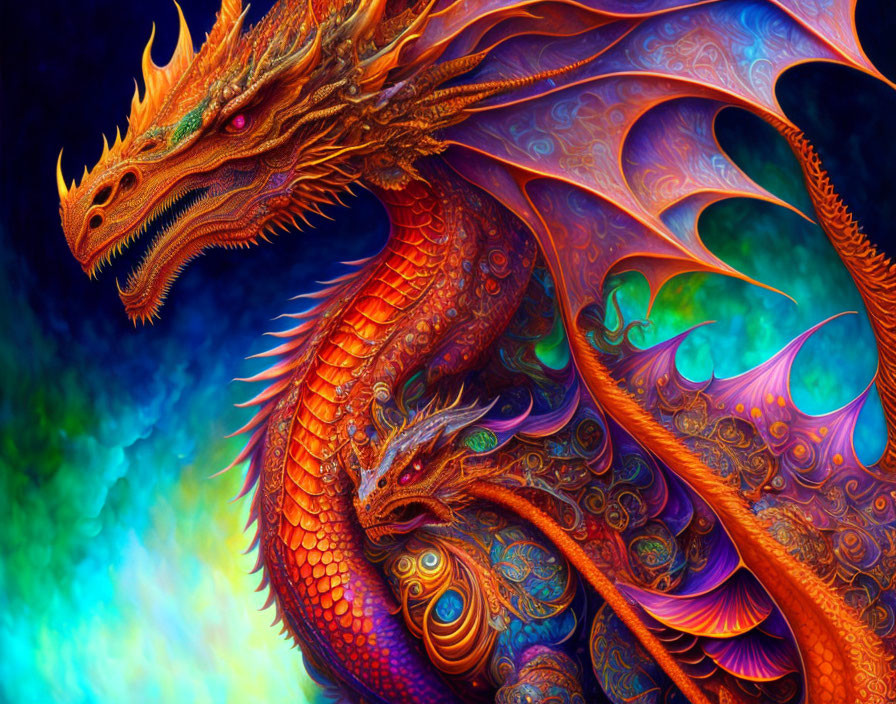 Detailed Image: Ornate Dragons with Feathery Scales on Mystical Background