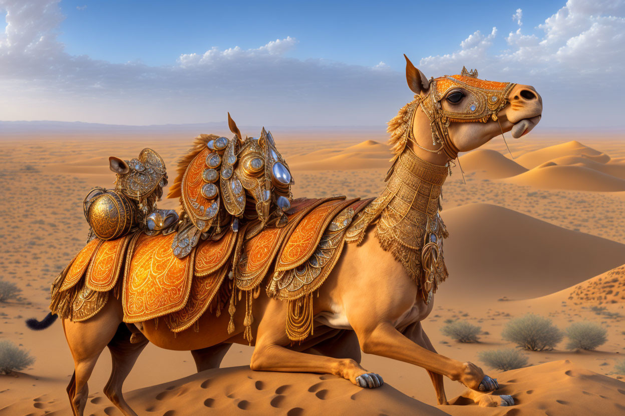 Ornately Decorated Camel with Elaborate Harness in Desert Landscape