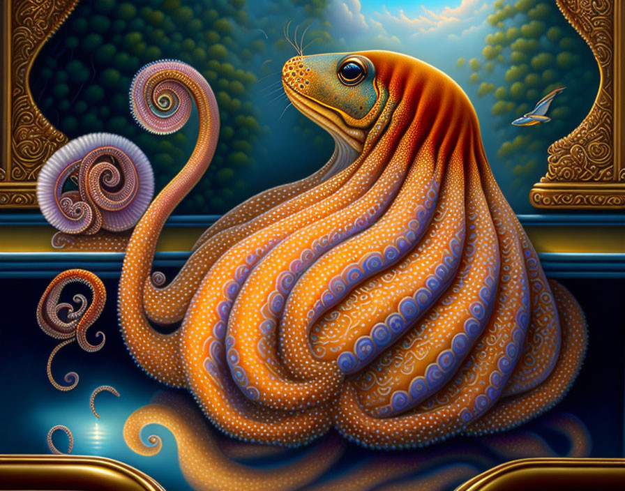 Colorful Octopus Against Surreal Fractal Background