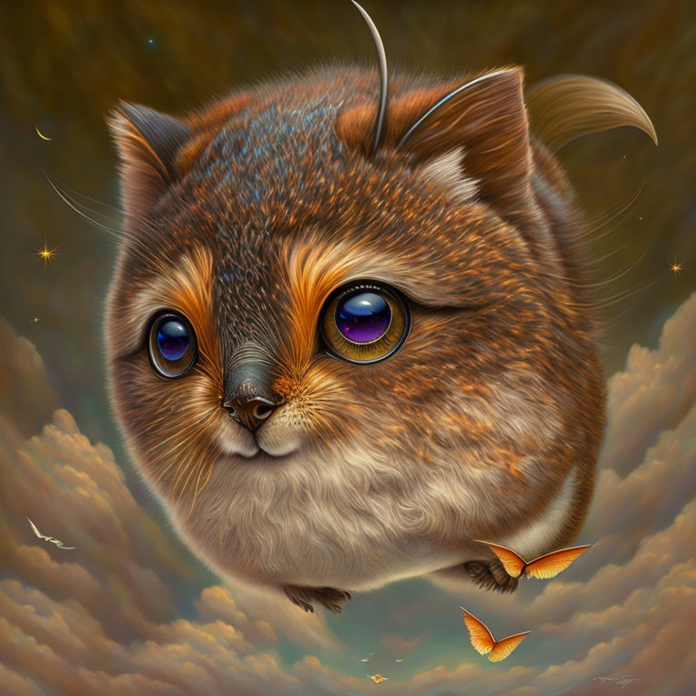 Whimsical fluffy creature with cat-like features in cloudy sky