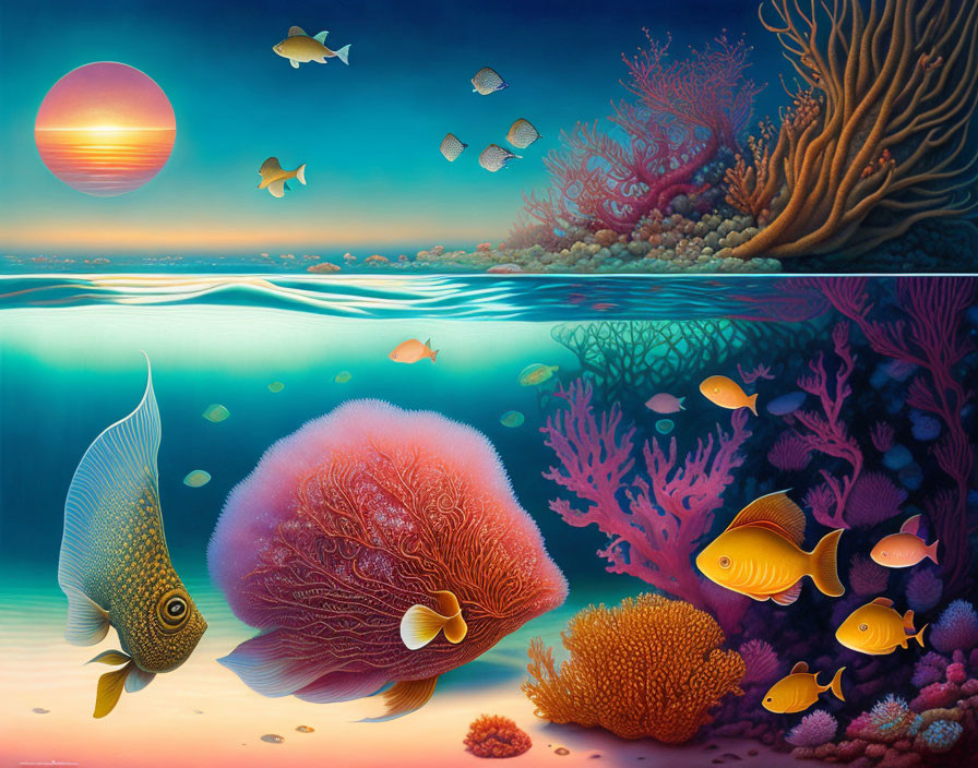 Colorful Fish and Corals in Sunset Underwater Scene