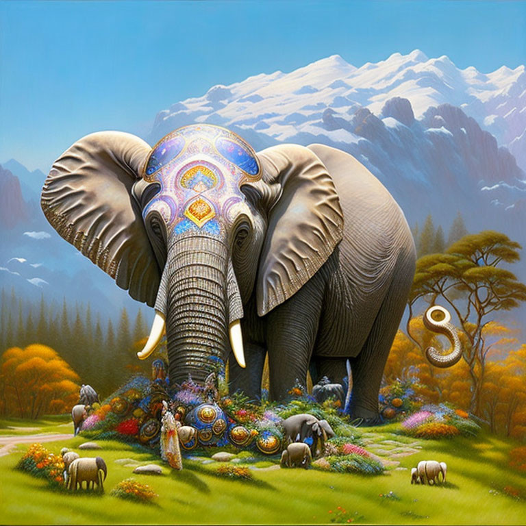 Ornately decorated elephant in vibrant landscape with mountains, trees, wildlife