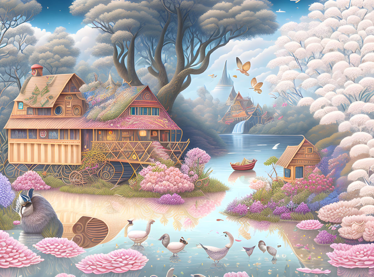 Pastel-colored landscape with cottages, lake, swans, trees, paper boats, and cloudy