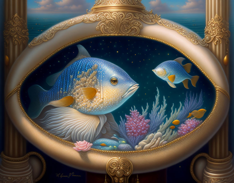 Oval Frame with Detailed Underwater Fish Scene