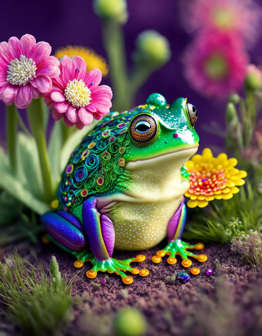 Colorful Ornate Frog Figurine Among Vibrant Flowers and Beads