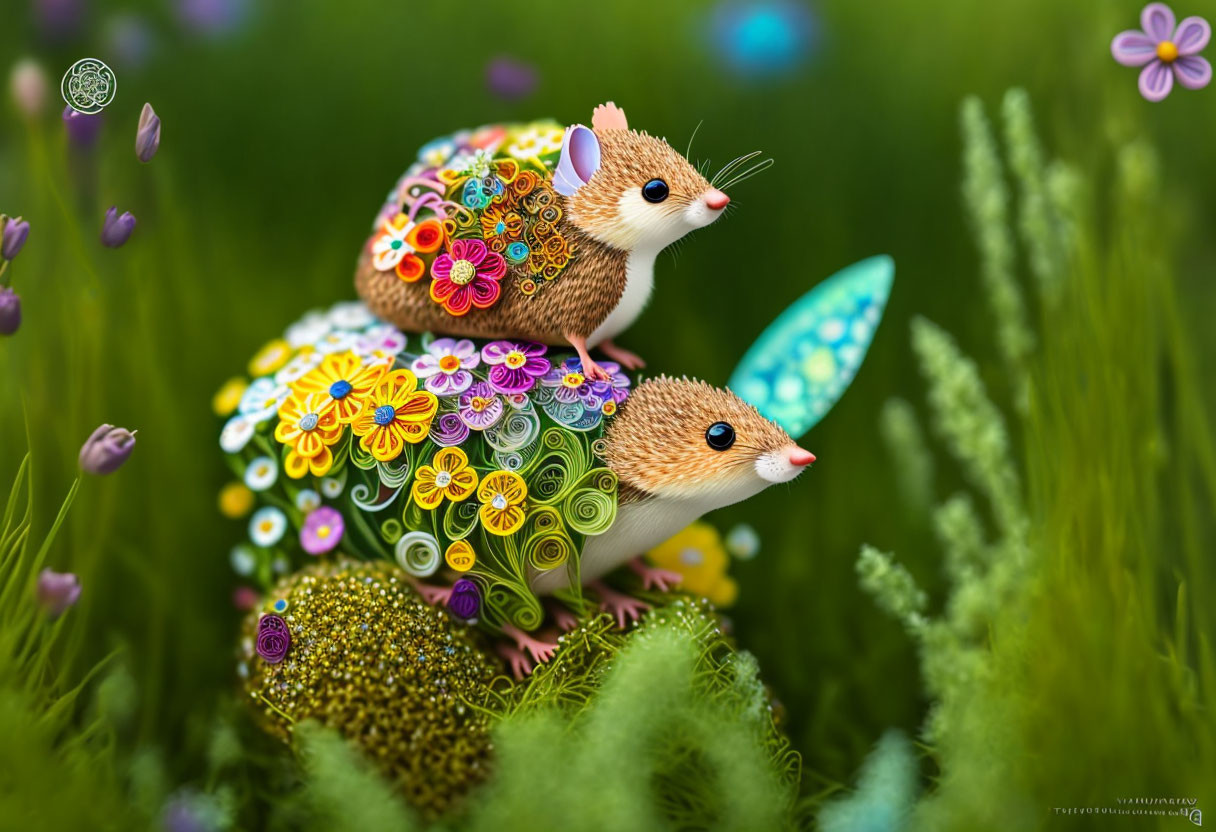 Decorated mice with floral and geometric patterns in lush garden setting