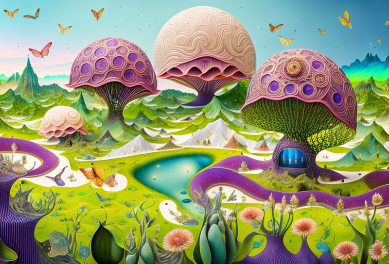 Colorful Mushroom Landscape with River, Hills, Butterflies, and Hidden Dwelling