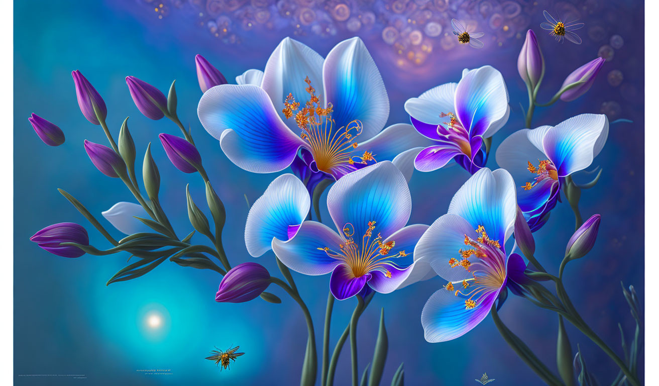 Blue Flowers with Orange Stamens on Dreamy Background with Floating Orbs and Insects