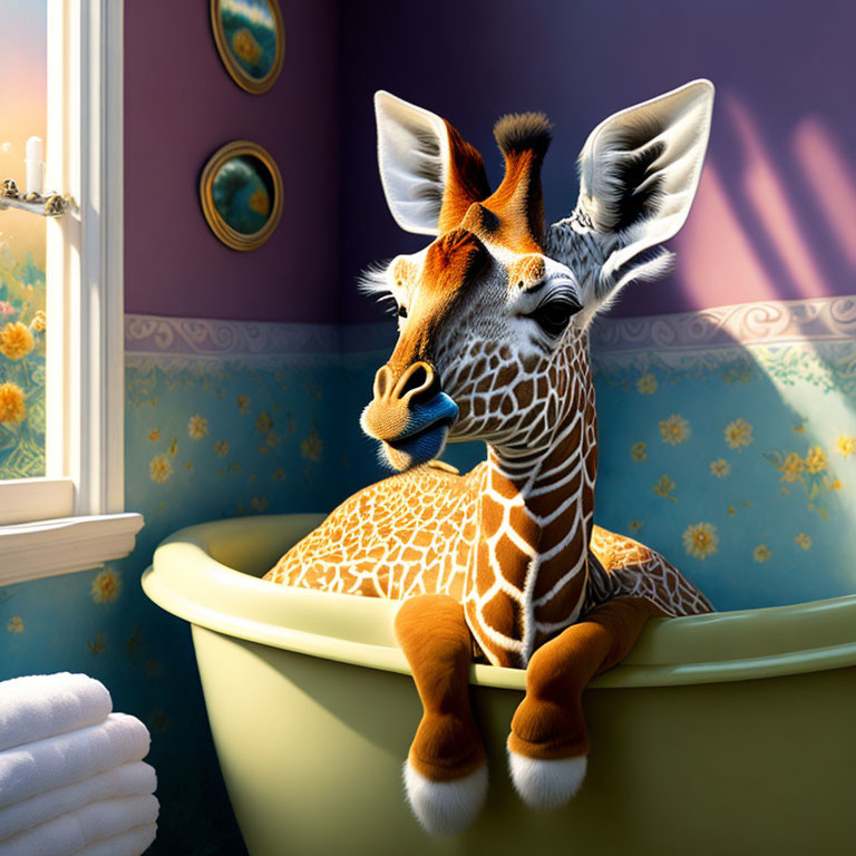 Illustrated giraffe in bathtub with purple and gold bathroom interior